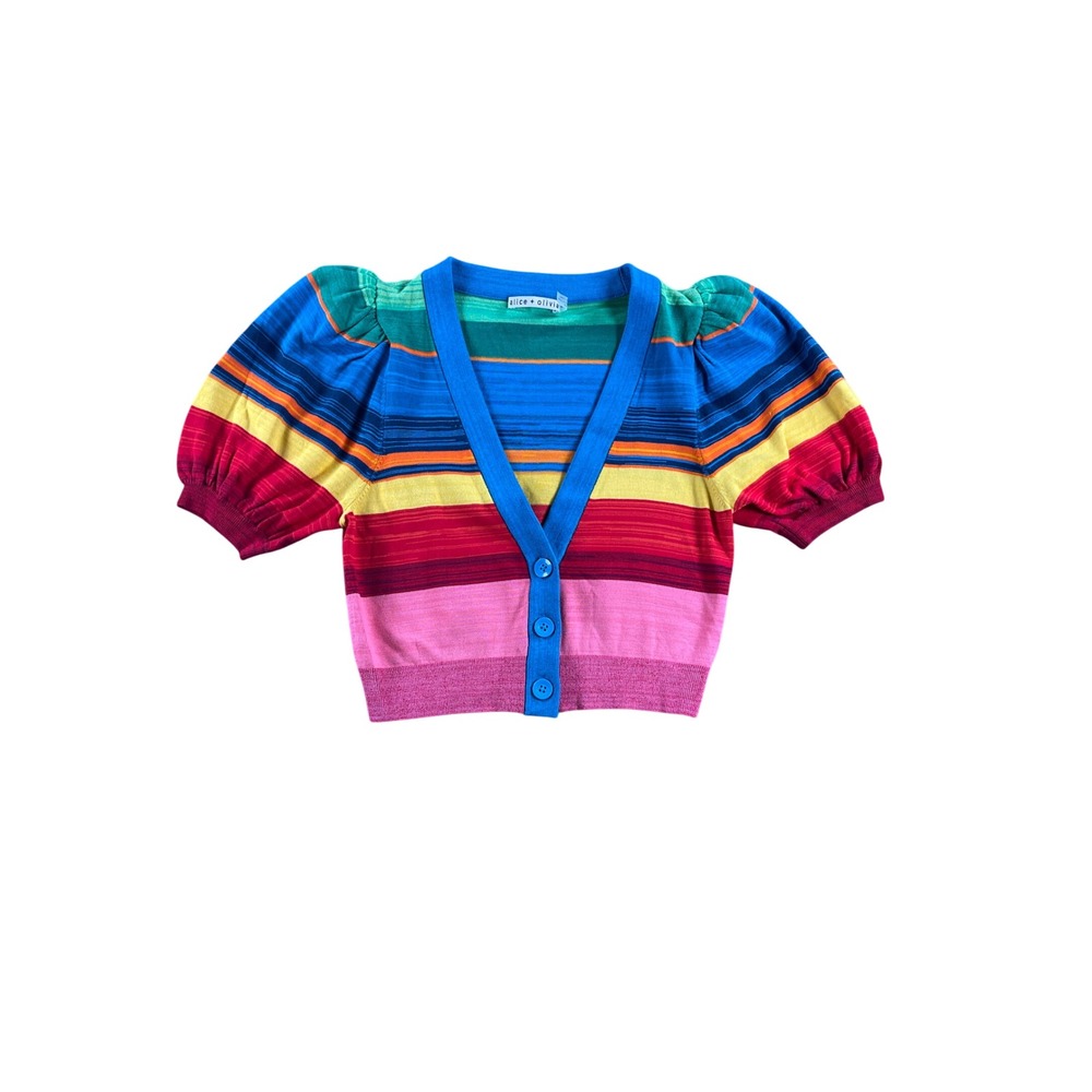 Alice + Olivia Rainbow Stripe Puff Sleeve Cropped Cardigan CC205544702 Small